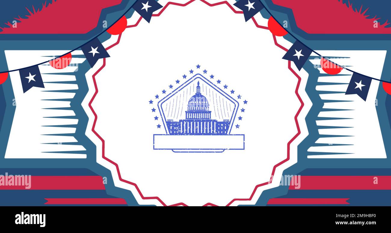 Image de l'icône du bâtiment au-dessus du drapeau américain Banque D'Images