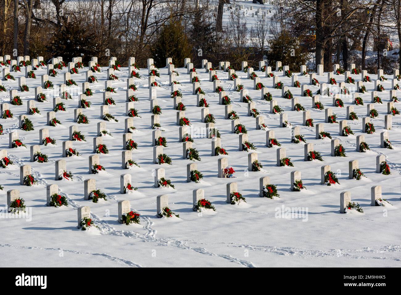 Couronnes sur les tombes en hiver, cimetière national de Jefferson Barracks, St. Louis, Missouri, États-Unis Banque D'Images