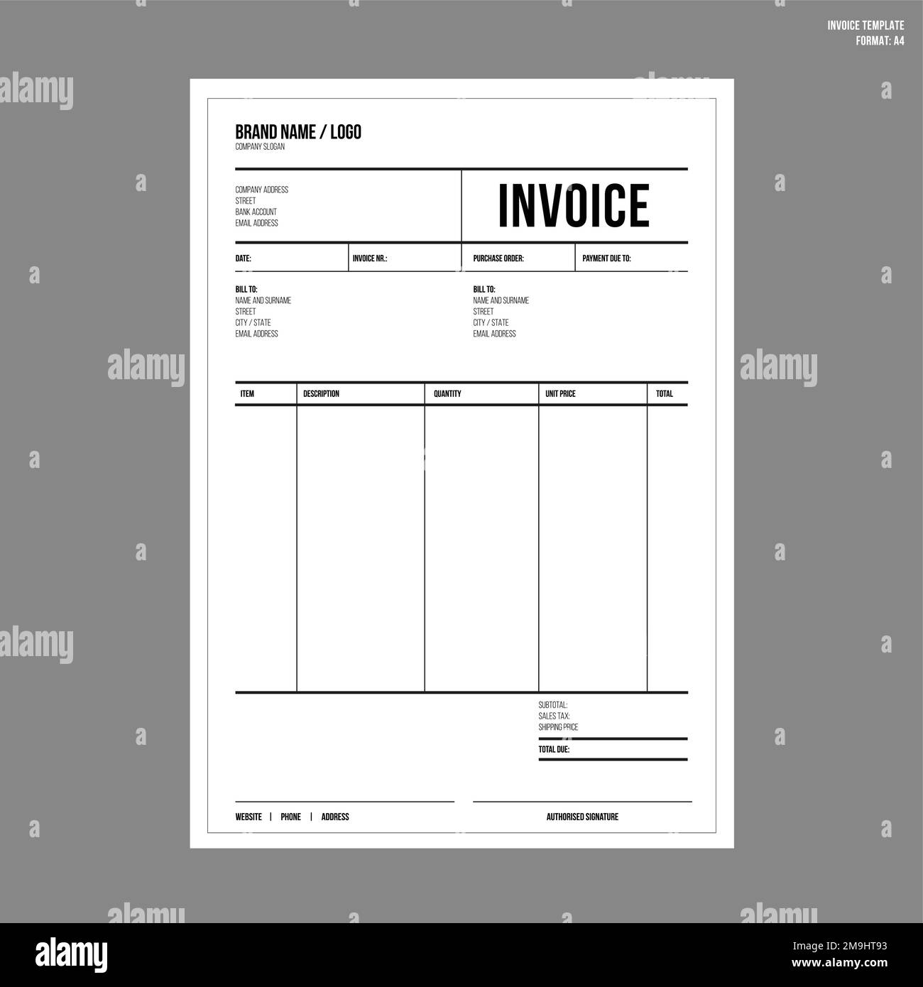 Modèle de formulaire de facture de taxe papier non rempli Illustration de Vecteur