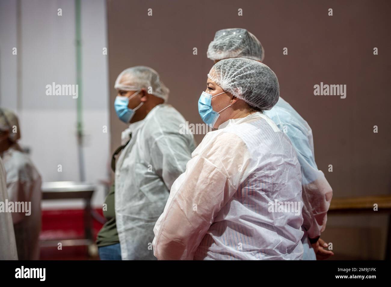 Personnes vêtues de vêtements de protection à l'usine de mise en conserve de poisson (USISA), Isla Cristina, Espagne Banque D'Images