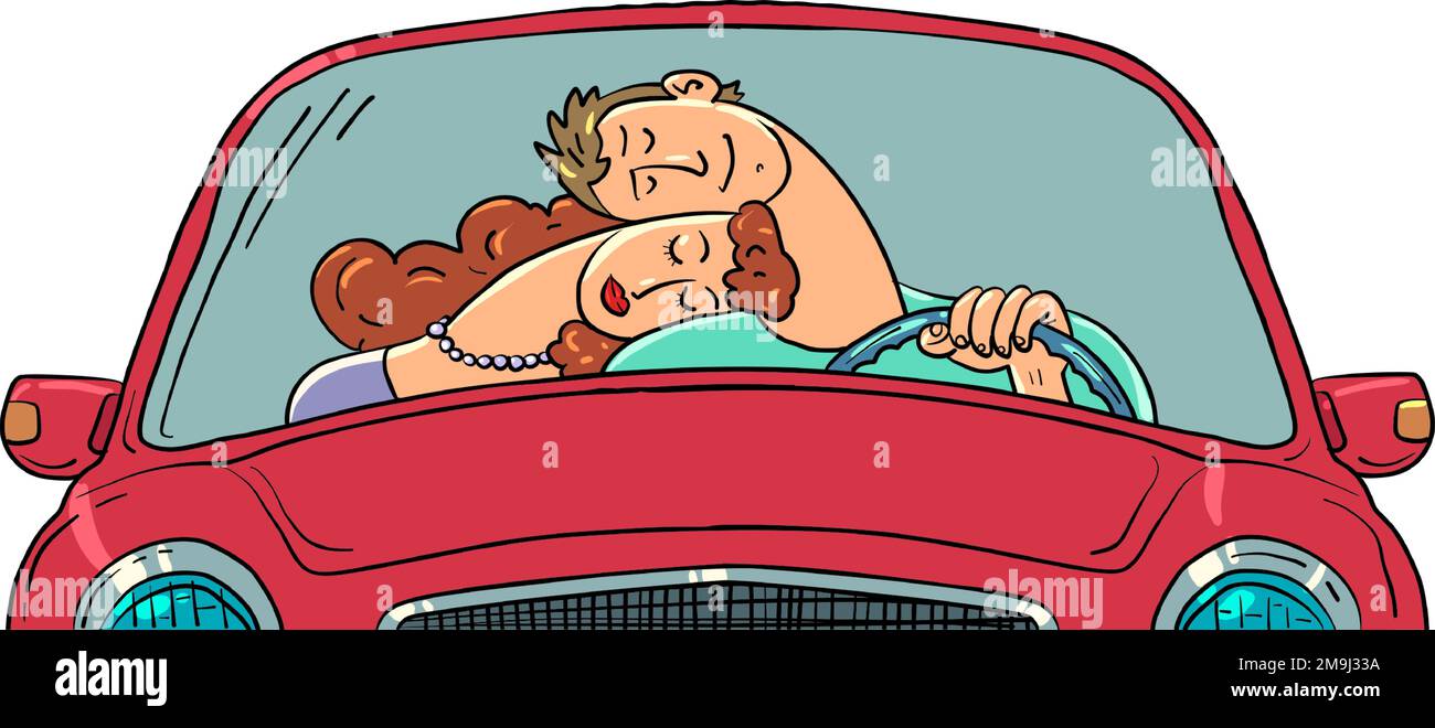 Un homme et une femme amoureux conduisent ensemble dans une voiture. Un couple marié surmonte tous les obstacles ensemble et se dirige vers un avenir meilleur. Illustration de Vecteur