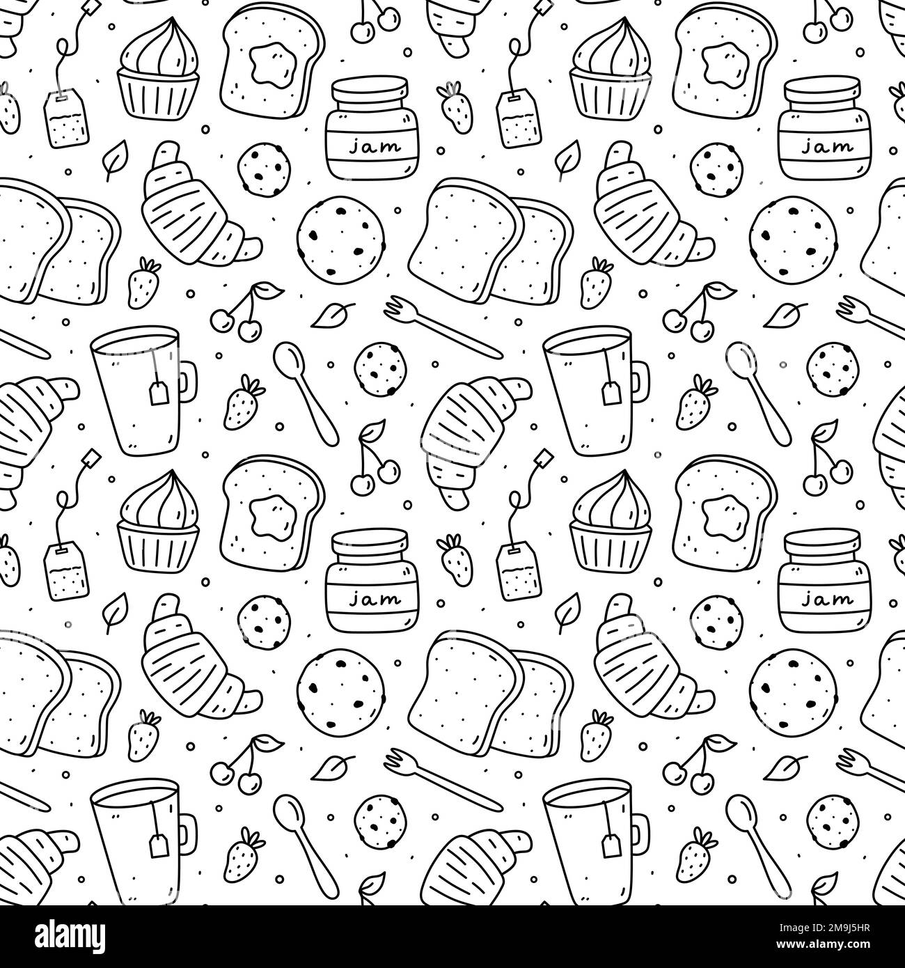 Joli motif sans couture avec les plats du petit déjeuner - thé, toasts, confiture, croissants, biscuits, petits gâteaux et baies. Illustration vectorielle d'une caniche dessinée à la main. Parfait pour l'impression, l'emballage, le papier peint, divers motifs. Illustration de Vecteur