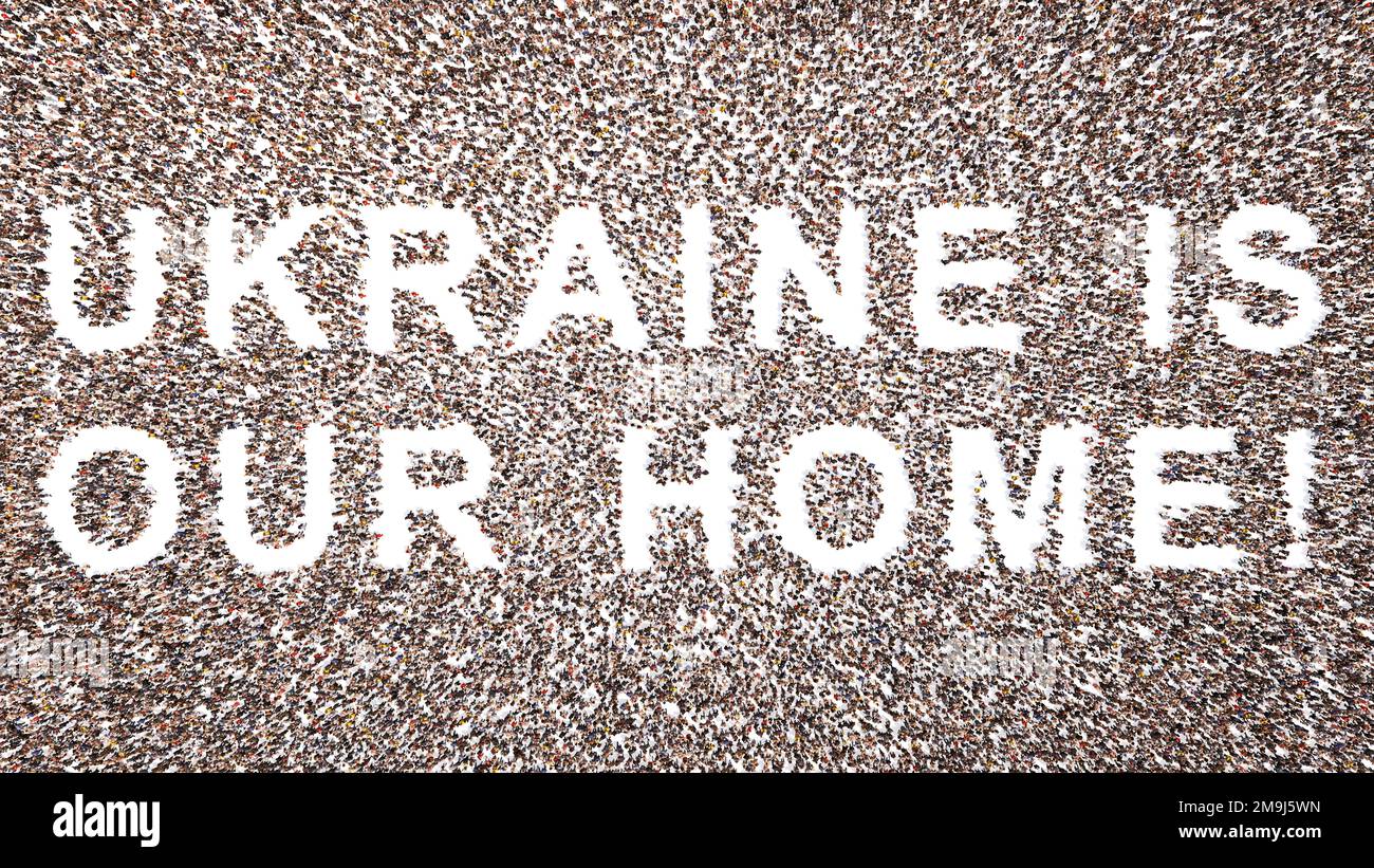 La communauté conceptuelle des personnes formant l'UKRAINE EST NOTRE MESSAGE D'ORIGINE. 3d métaphore de l'illustration pour le pays, le patriotisme, la résilience et la détermination Banque D'Images