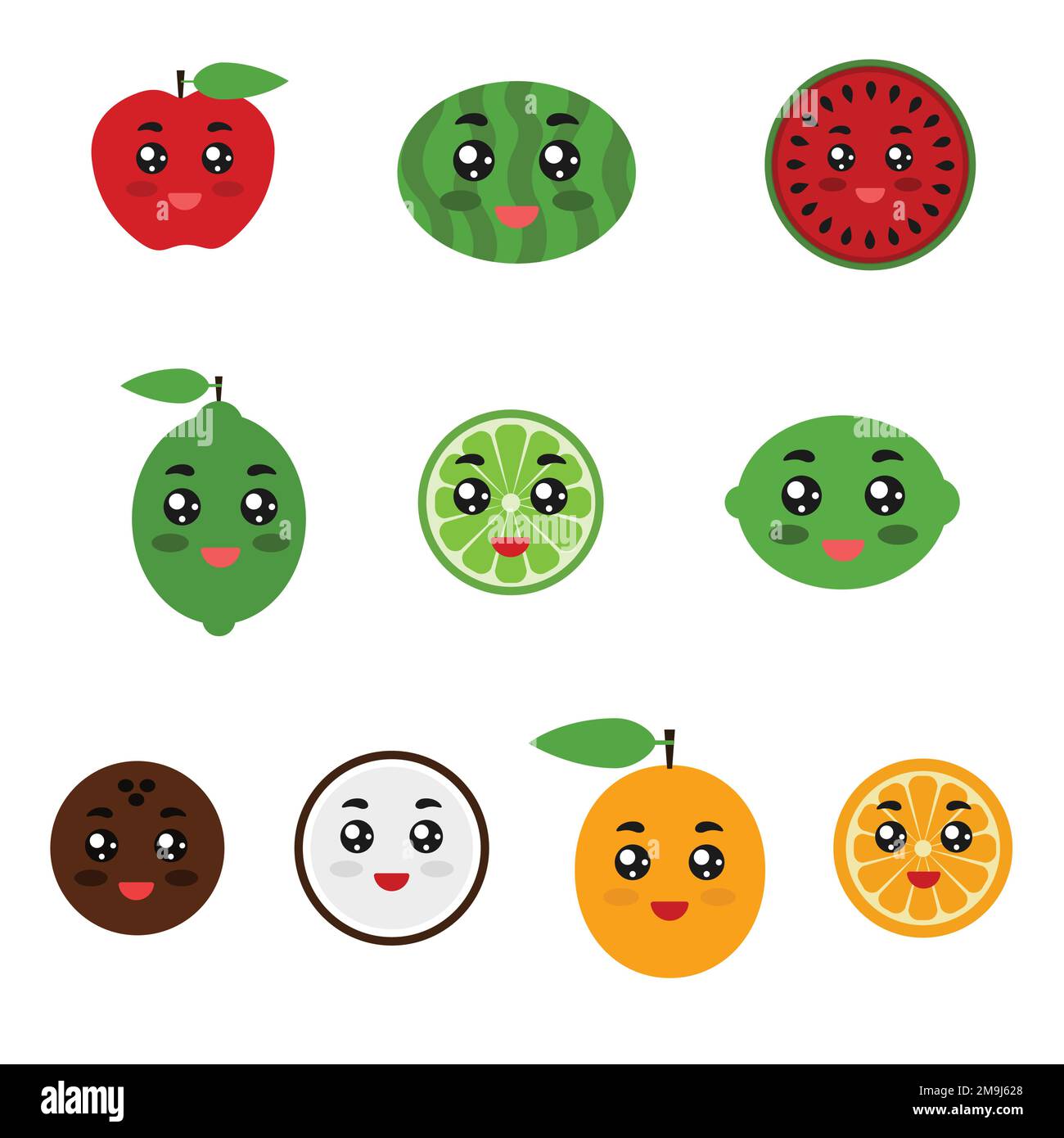 Des fruits entiers et coupés comme des personnages de kawaii. Les fruits sont la pomme, la pastèque, le citron, la lime, la noix de coco, orange. Morceau de fruit. Arrière-plan blanc. Isolé. Illustration de Vecteur
