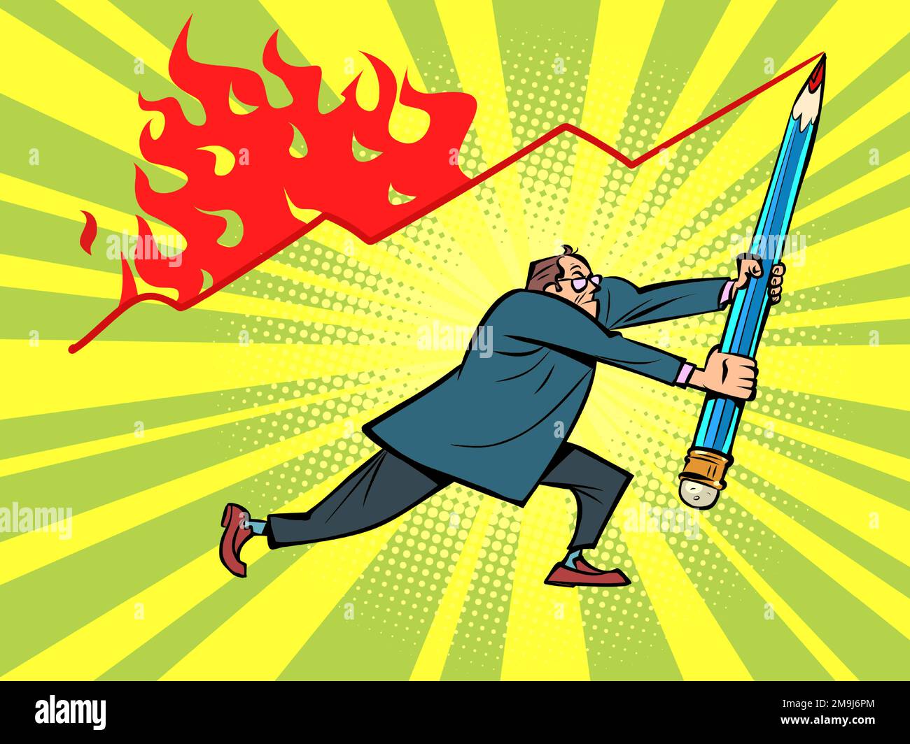 un homme d'affaires dessine un tableau des ventes un programme de brûlage avec un grand crayon, le concept des indicateurs économiques Illustration de Vecteur