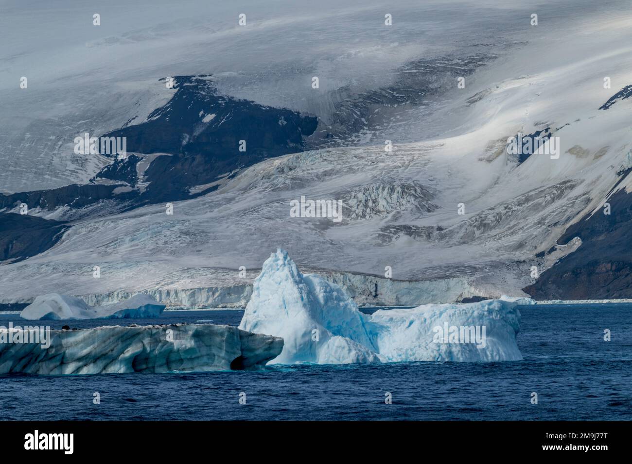 Vue sur les icebergs dans le détroit de l'Antarctique à l'extrémité de la péninsule antarctique, Antarctique. Banque D'Images