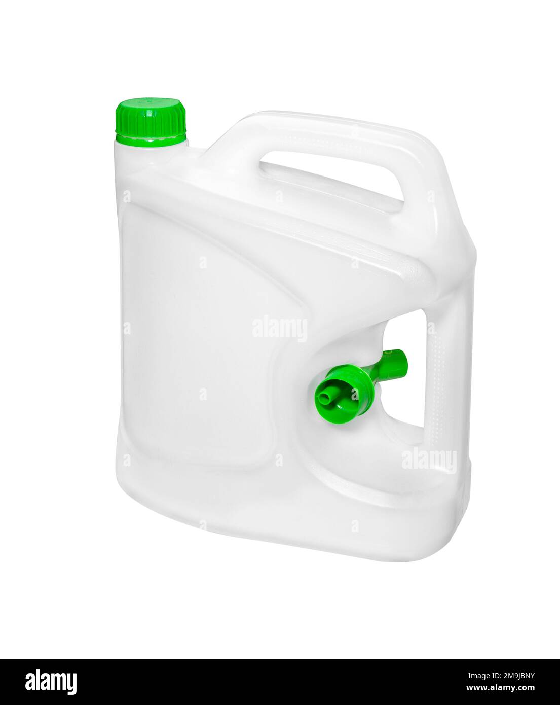 Réservoir en plastique vide isolé sur fond blanc. Réservoir de carburant avec goutte d'essence. Banque D'Images