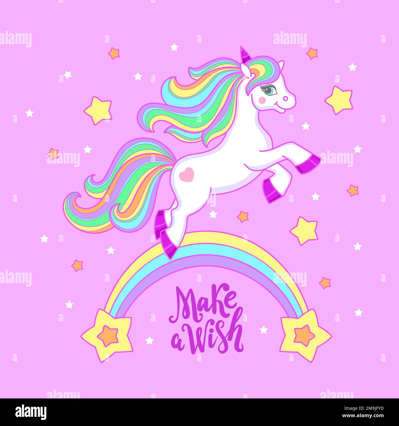 Faites un vœu. licorne blanche sur l'arc-en-ciel. Le thème de la magie et de la sorcellerie. Pour la conception d'imprimés, d'affiches, d'autocollants, de cartes pour enfants, etc. Vecteur Illustration de Vecteur