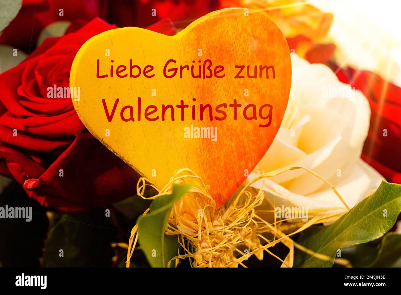 Vœux de Saint-Valentin avec roses rouges et blanches. Le coeur au milieu dit en allemand) Liebe Grüße zum Valentinstag (voeux d'amour pour la Saint-Valentin Banque D'Images