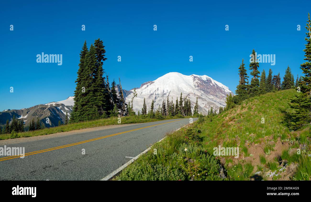 Mt. Rainier et Road, Mt. Parc national de Rainier, État de Washington, États-Unis Banque D'Images