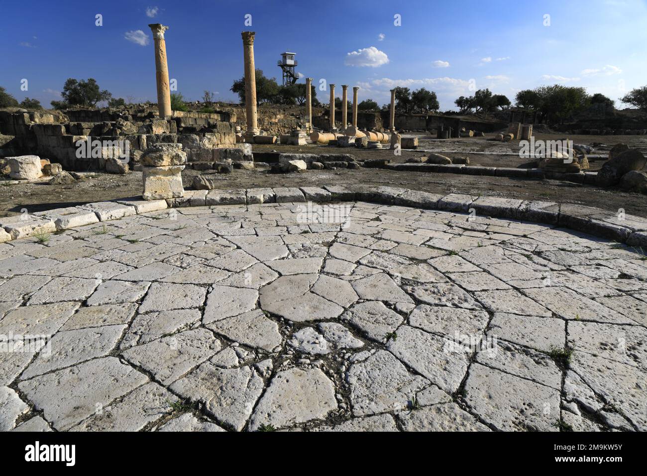 Vue sur le bâtiment octogonal de la ville d'Umm Qais, Jordanie, Moyen-Orient Banque D'Images