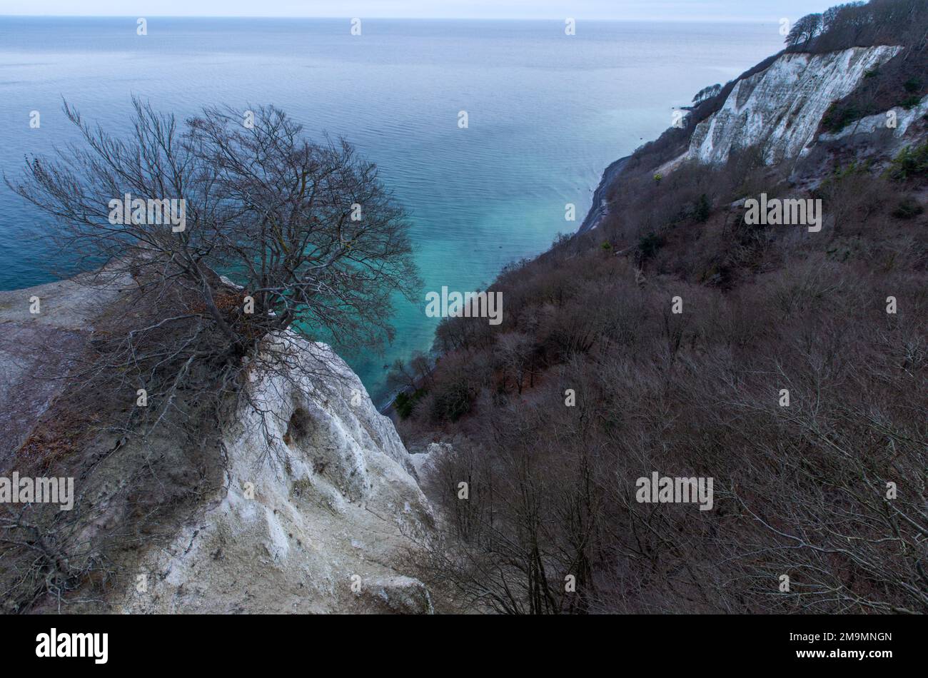 Sassnitz, Allemagne. 18th janvier 2023. Depuis le sommet du nouveau Skywalk, au-dessus de la falaise de craie Königsstuhl, sur l'île de Rügen, sur la mer Baltique, on peut voir la côte de craie et la mer Baltique. Au-dessus de la plus grande falaise de craie d'Allemagne, une nouvelle plate-forme d'observation est sur le point d'être achevée. La fameuse Königsweg, située au-dessus de la falaise de craie de 118 mètres de haut, sera unique en Europe avec un surplomb de 90 mètres. Credit: Jens Büttner/dpa/Alay Live News Banque D'Images