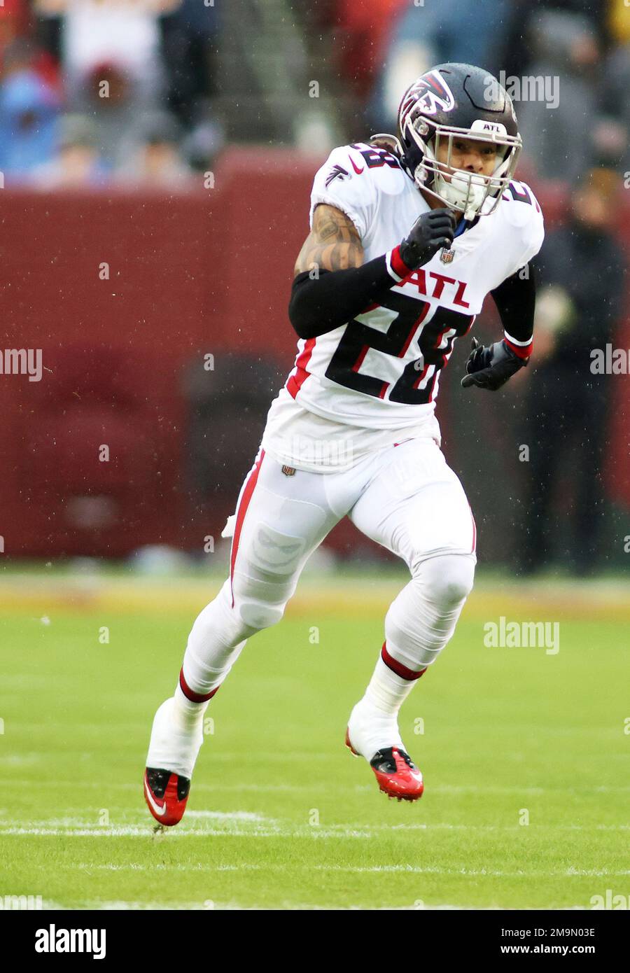 Atlanta Falcons cornerback Mike Ford (28) runs during an NFL football game  against the Washington Commanders, Sunday, November 27, 2022 in Landover.  (AP Photo/Daniel Kucin Jr Stock Photo - Alamy