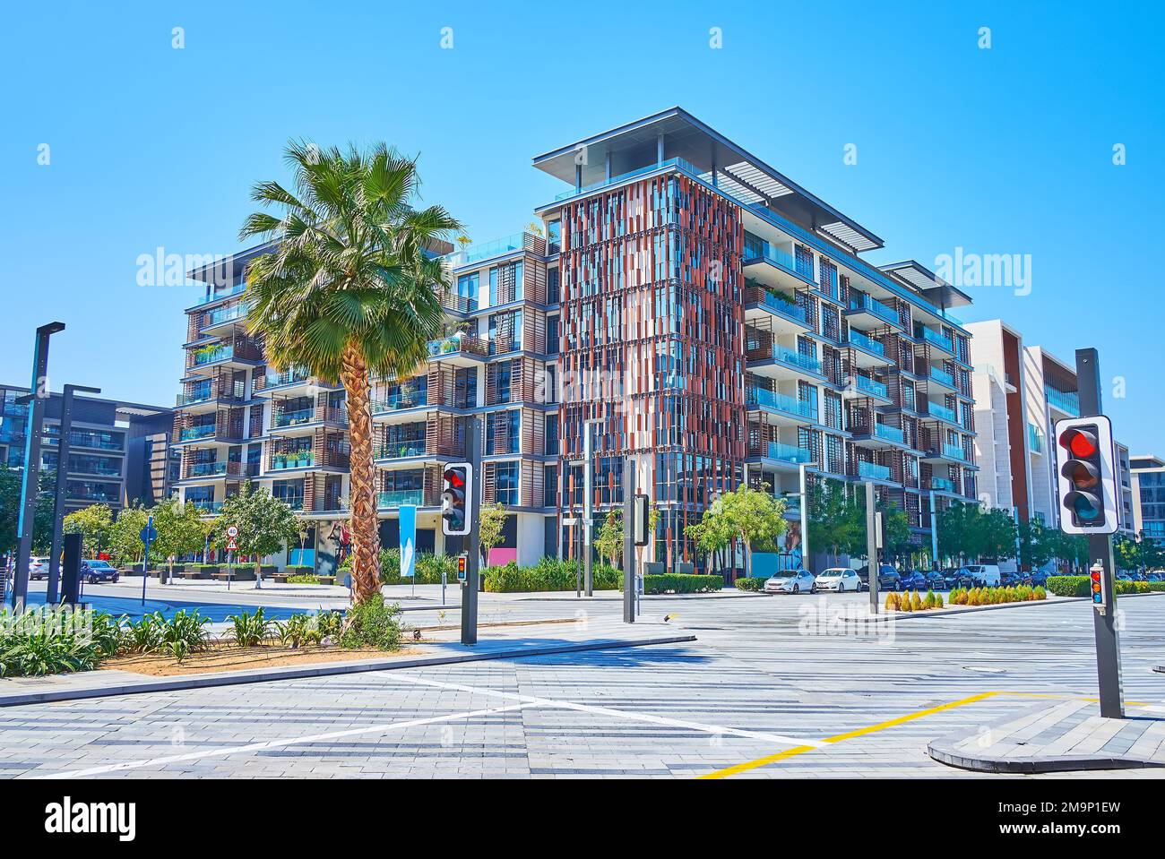 Extérieur des résidences modernes City Walk, situé dans le quartier City Walk, Dubaï, Émirats Arabes Unis Banque D'Images