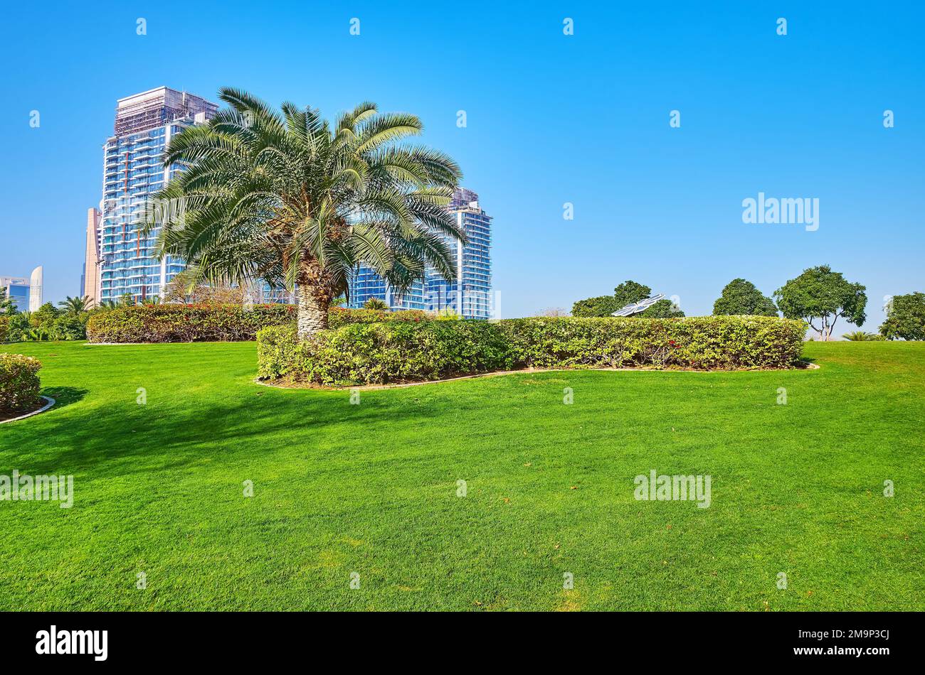 Topiary Zabeel Park avec pelouse verte, palmiers luxuriants, buissons topiaires et arbres ombragés, Dubaï, Émirats arabes Unis Banque D'Images