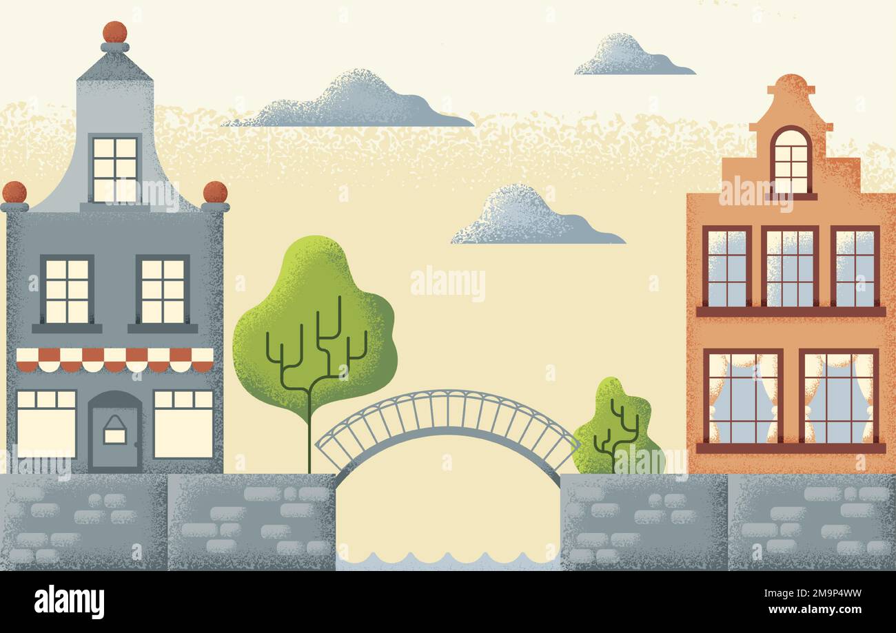 Rue urbaine scène texturée avec pont d'époque et vieux bâtiments Illustration de Vecteur