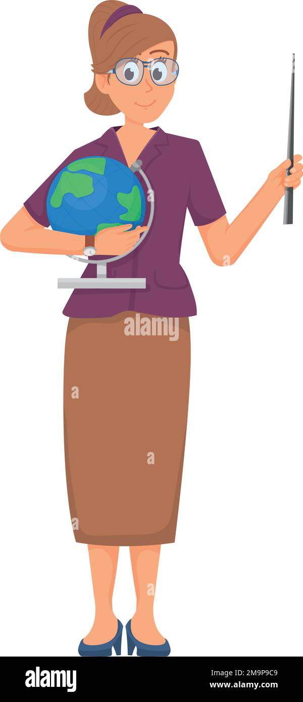 Personnage enseignant. Caricature femme en lunettes avec globe et bâton Illustration de Vecteur