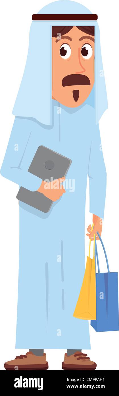 Homme islamique avec des sacs de shopping. Caractère saoudien Illustration de Vecteur