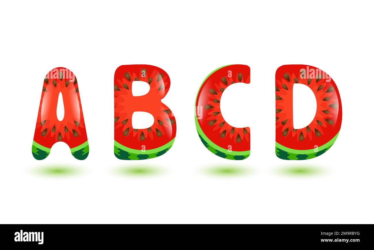 Alphabet. Lettres A, B, C, D. pastèque abc. Alphabet de fruit de dessin animé. Élément de design d'été. Lettres pour enfants dessinées à la main. Partie de l'ensemble. Illustration de Vecteur