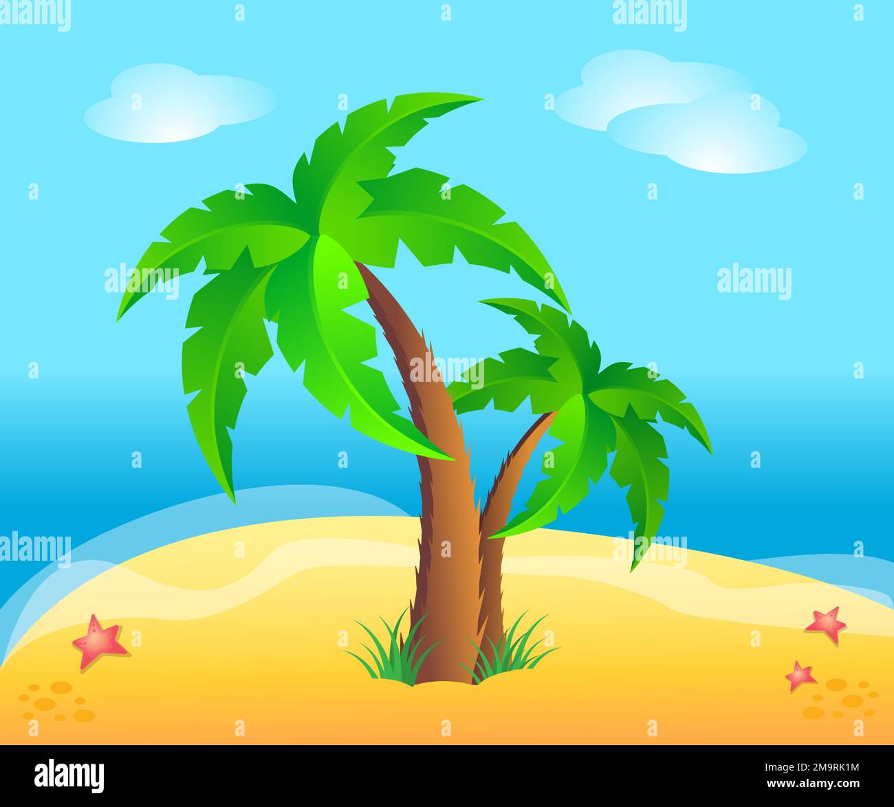 Deux palmiers et plage de sable sur la mer bleue. Vacances paradisiaques sur une île tropicale. Illustration de dessin animé vectoriel Illustration de Vecteur