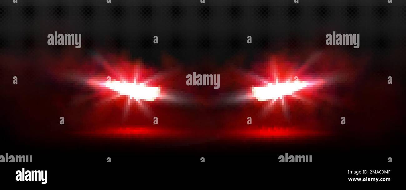 Feux avant de la voiture dans le brouillard la nuit. Les phares à LED d'automobile sont dotés d'une lumière rouge, de rayons, de lumière et de brume isolés sur fond transparent, vecteur réel Illustration de Vecteur