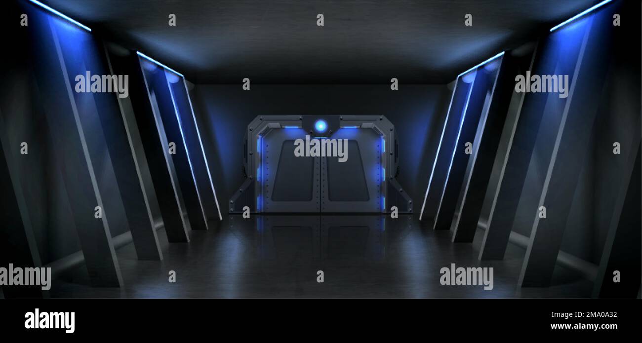 Hall sombre avec porte en métal fermée et éclairage de la lampe bleu néon. Illustration vectorielle réaliste d'un laboratoire secret, d'un vaisseau extraterrestre, d'un abri de bombe i Illustration de Vecteur