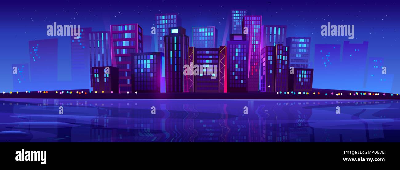Ville moderne de nuit près de la rivière lumineuse avec des néons colorés sous le ciel de minuit avec de nombreuses étoiles. Illustration vectorielle de paysage urbain avec Illustration de Vecteur