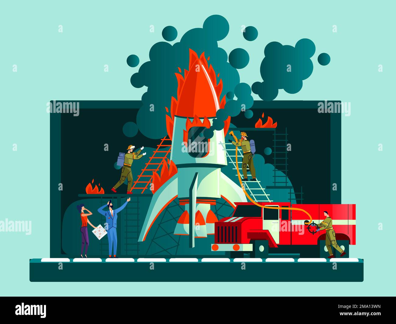 Crash de fusée, échec de démarrage, mauvaise illustration du vecteur de concept d'affaires de plan. Ordinateur portable ouvert, une fusée a pris feu au décollage et les travailleurs de l'équipe et les pompiers ont éteint le feu des tuyaux et de la voiture rouge Illustration de Vecteur