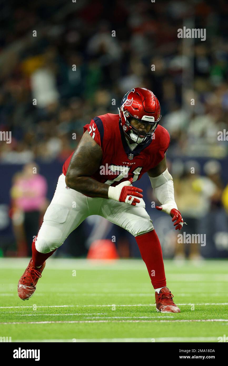 Houston Texans offensive lineman Tytus Howard (71) looks to block during an NFL Football game against the Philadelphia Eagles on Thursday, November 3, 2022, in Houston. (AP Photo/Matt Patterson) Banque D'Images
