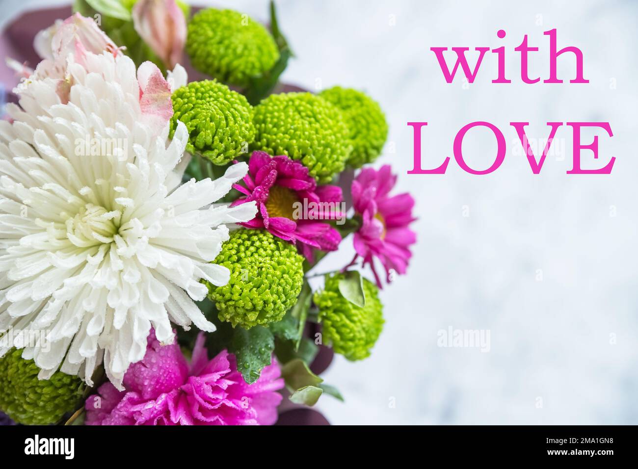 Bouquet de fleurs différentes, roses roses et chrysanthèmes blancs et verts .jour de la Saint-Valentin, anniversaire, carte de voeux de la fête des mères avec inscription Banque D'Images