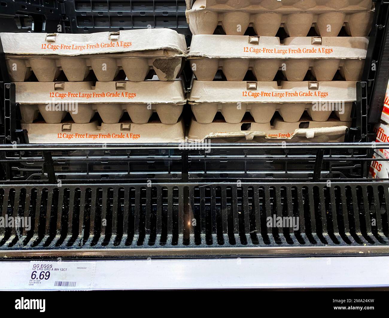 Œufs chers en vente au supermarché. Le prix des oeufs a augmenté après une pénurie d'oeufs causée par la grippe aviaire. Banque D'Images