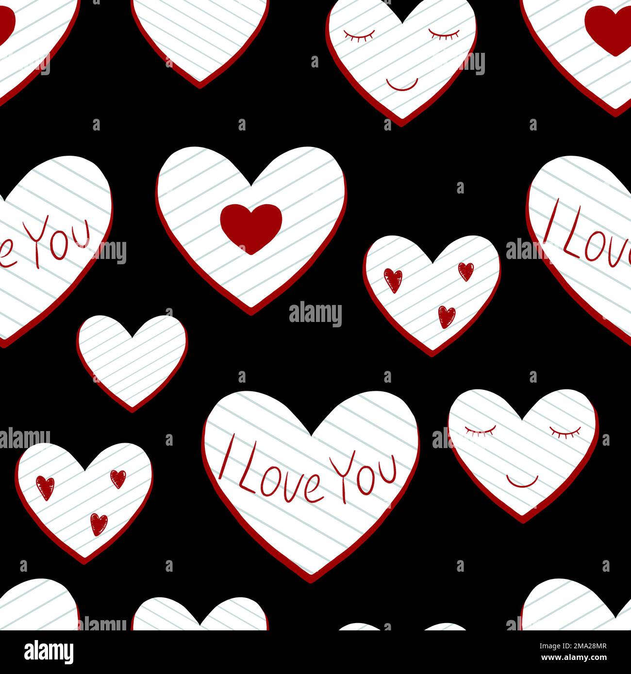Motif coeurs sans couture découpé en papier. Coeurs et lettres griffés sur papier pour ordinateur portable sur fond noir. Imprimé coeurs sur toute la surface Banque D'Images