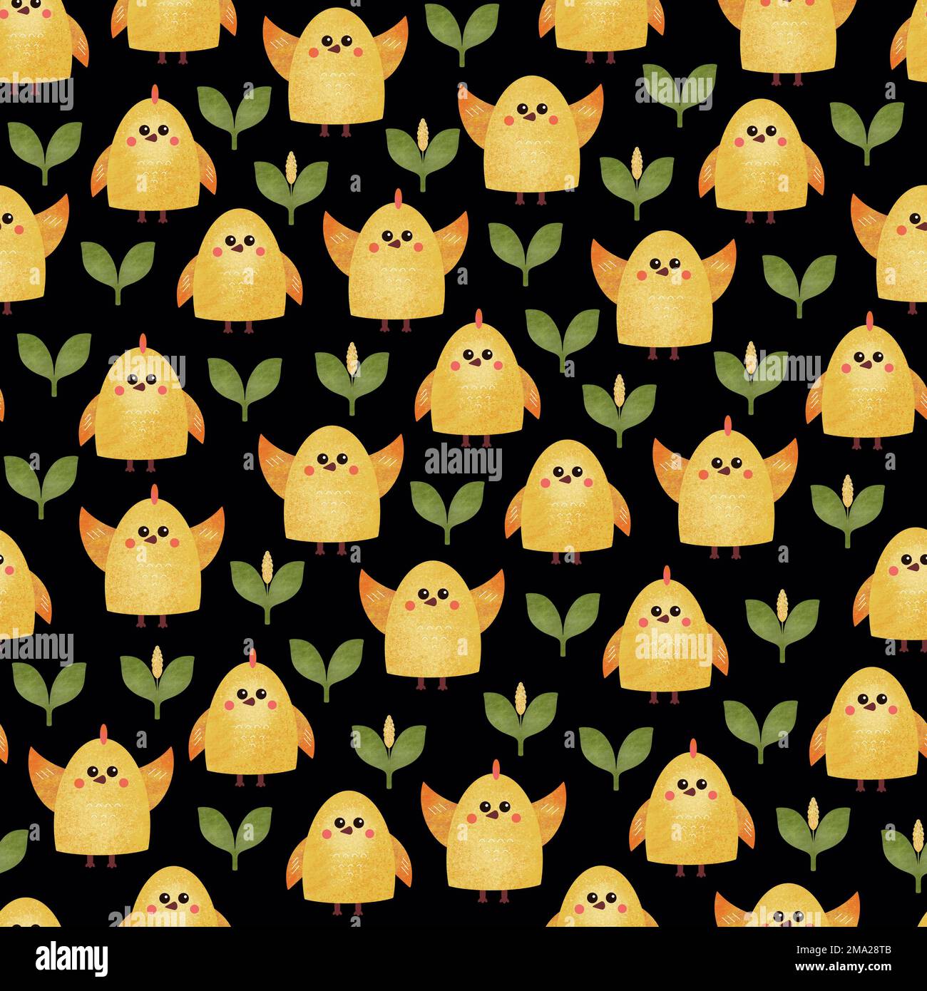Motif sans couture avec des poulets jaunes amusants. Texture aquarelle dessinée à la main avec de jolis oiseaux sur fond noir. Imprimé Pâques, illustration raster Banque D'Images