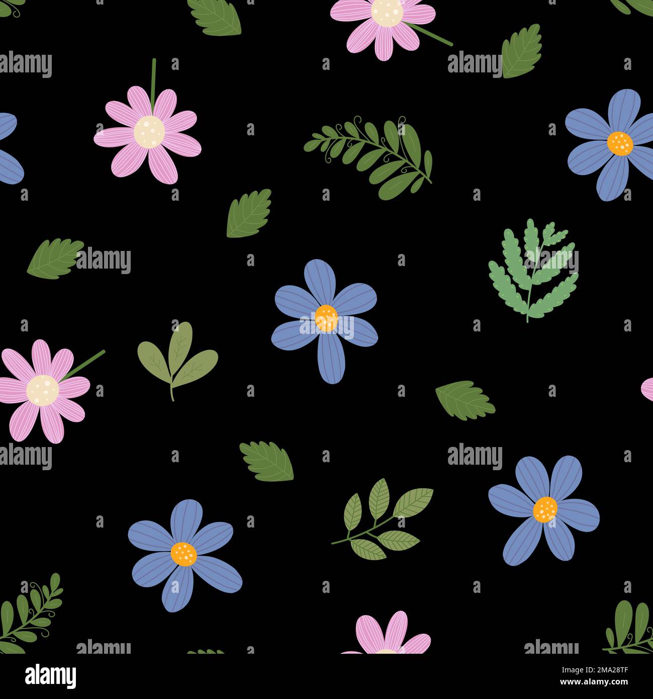 Motif sans couture avec fleurs sur fond noir. Motif raster pour le textile, les fonds, le tissu, les vêtements, le papier peint et le papier d'emballage. Mode illu Banque D'Images