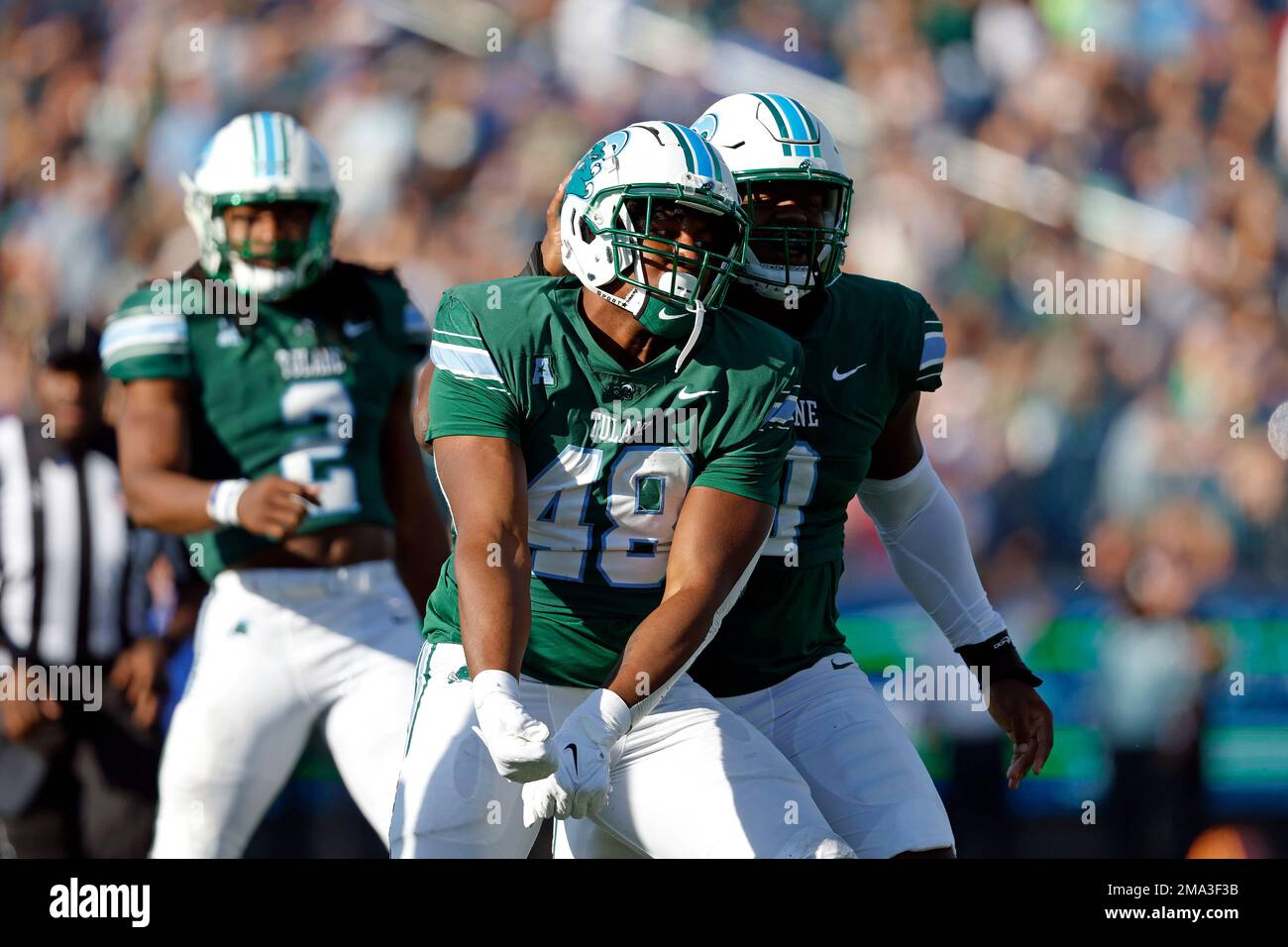 Tulane linebacker Keith Cooper Jr. (48) during the first half of an NCAA college football game against Memphis in New Orleans, Saturday, Oct. 22, 2022. (AP Photo/Tyler Kaufman) Banque D'Images