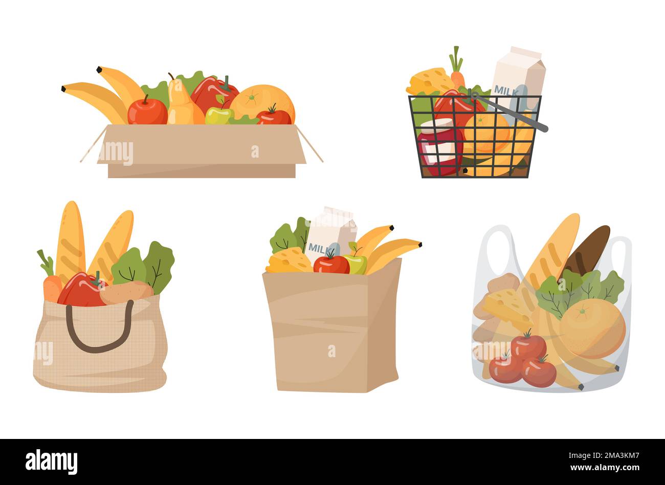 produits d'épicerie en emballage légumes fruits lait et fromage dans un sac en papier panier et dans un sac transparent Illustration de Vecteur