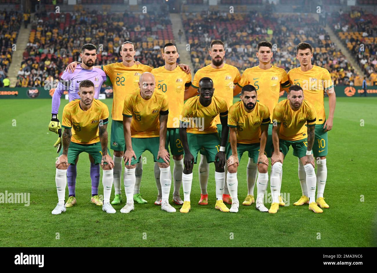 The Australian national soccer team, the Socceroos, pose for a photo before  the start of a friendly soccer international between Australia and New  Zealand in Brisbane, Australia, Thursday, Sept. 22, 2022. (AP