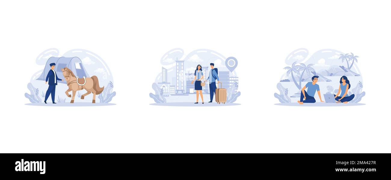 Mode de vie nomade, migration rurale et saisonnière. Vacances tourisme. Changer le lieu de stabilisation, se déplacer vers un nouvel emplacement, définir le vecteur plat moderne illus Illustration de Vecteur