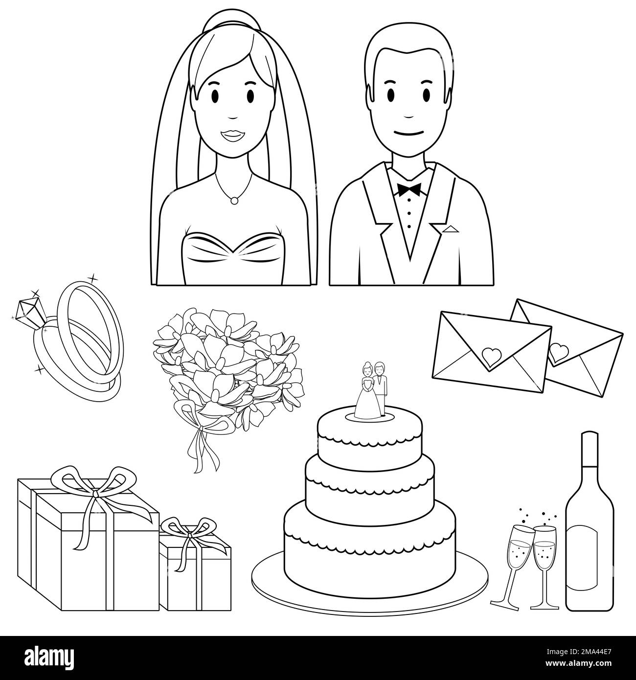 Ensemble d'objets de mariage avec mariée et marié. Page de couleur noir et blanc Banque D'Images Ensemble d'objets de mariage avec mariée et marié. Page de couleur noir et blanc Banque D'Images