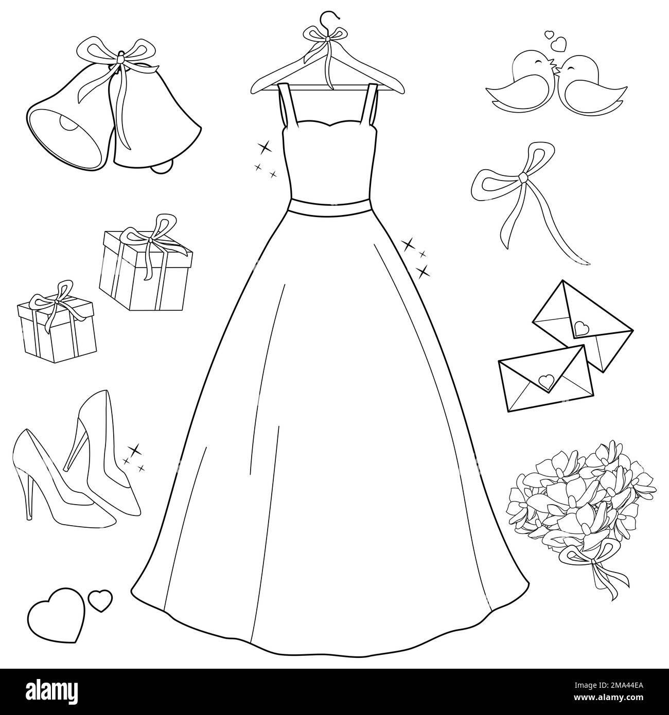 Belle robe de mariée et ensemble d'objets de mariage. Page de couleur noir et blanc Banque D'Images