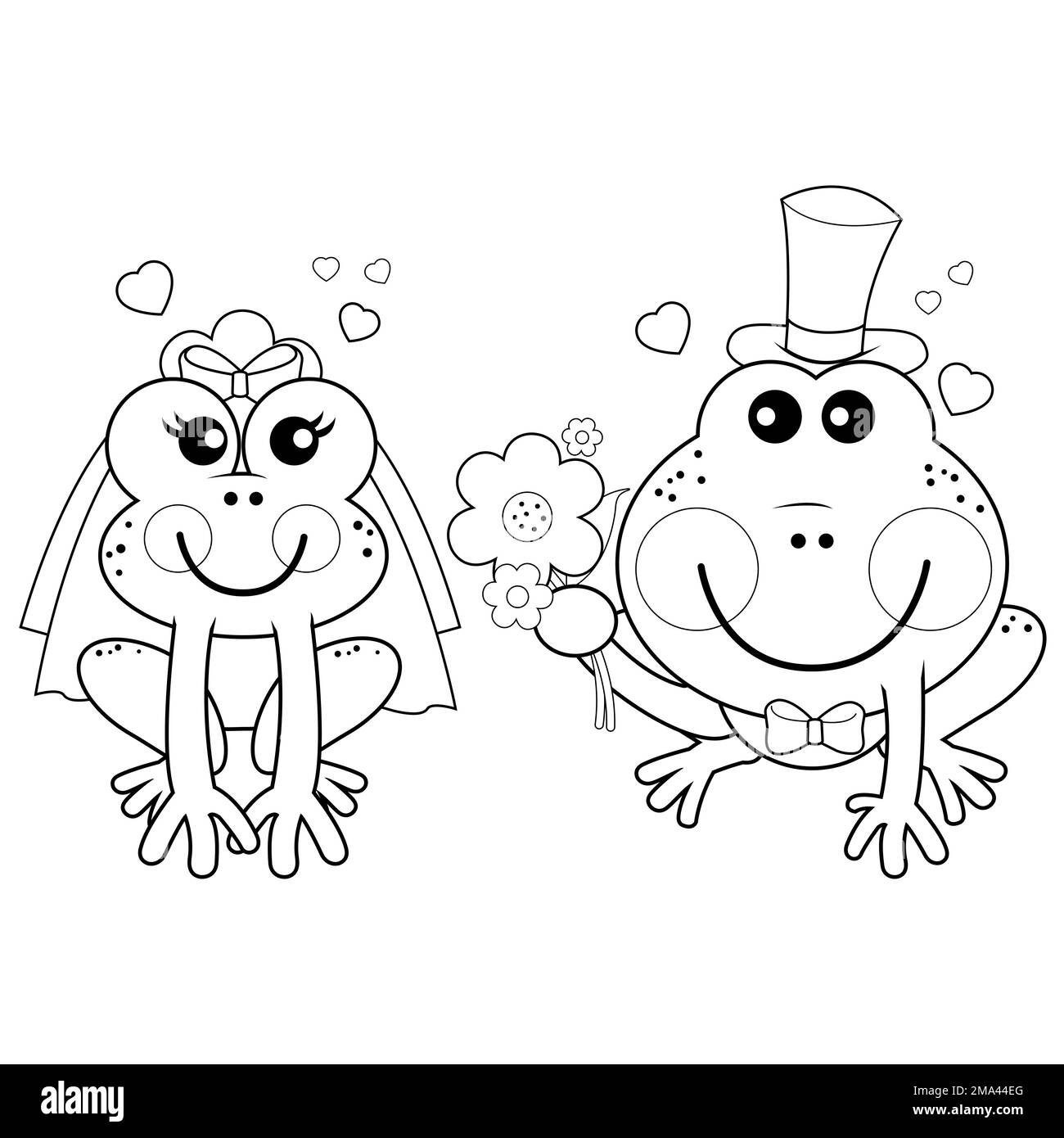 Bande dessinée mariée et marié grenouilles. Mariage de grenouilles. Page de couleur noir et blanc Banque D'Images