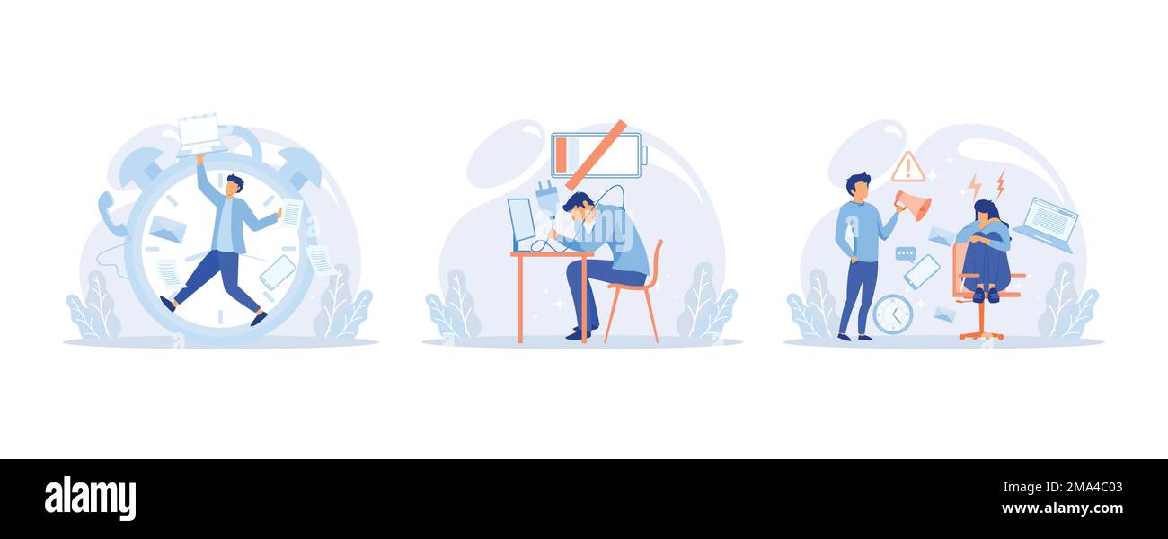 Charge de travail des personnages stressés, date limite. Employés épuisés et affligés par leur travail. Concept de fatigue et de contrainte de travail, contrainte au travail, définir le mode vectoriel plat Illustration de Vecteur
