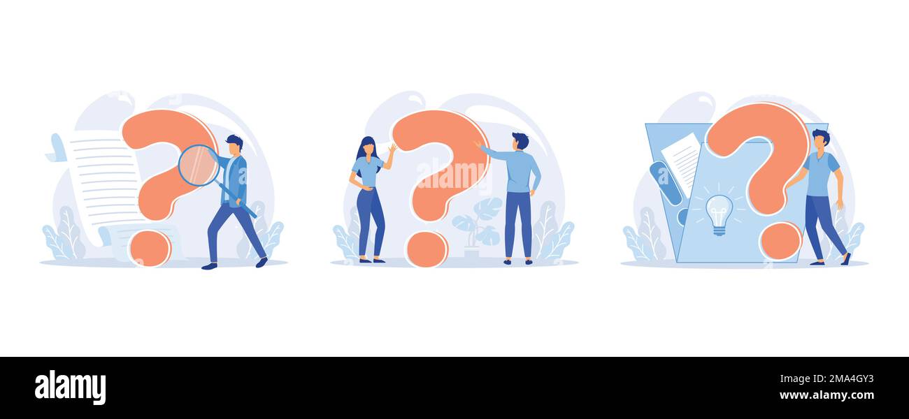 Point d'interrogation, obtention d'informations intéressantes. Problème et solution, FAQ aide. Décider de la tâche d'information, poser des questions et recevoir des réponses, définir Illustration de Vecteur
