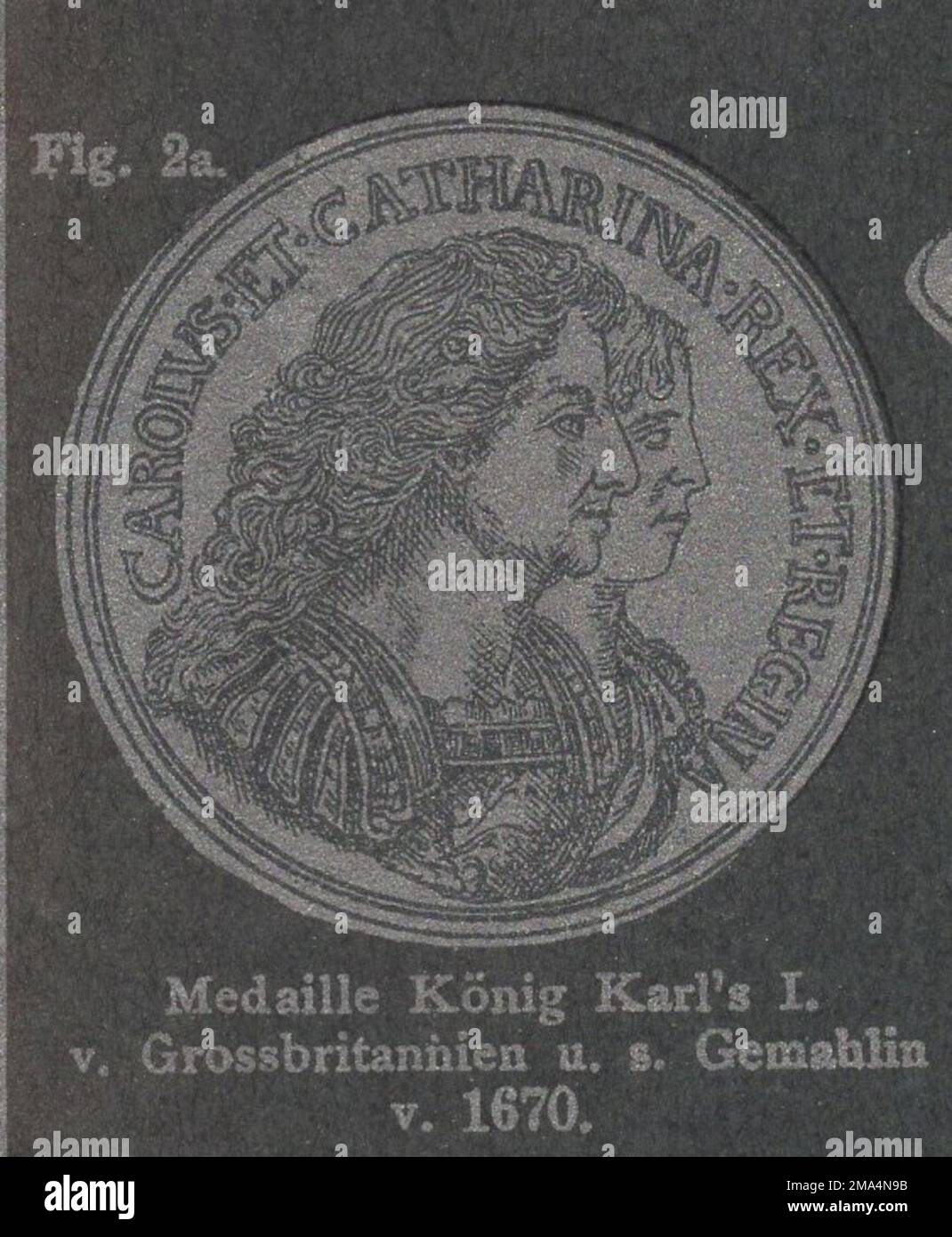 Antique 19th Century allemagne numismatique catalogue de pièces illustré avec des techniques d'impression intéressantes/ pièces antiques / pièce de monnaie vintage / Antiker numismatischer illustrierter Katalog aus dem 19. Jahrhundert mit interessanter Drucktechnik : Medaille König Karl's I. von GROSSBRITANNIEN U. S. Gemahlin von 1670 / Médaille du roi Charles I de Grande-Bretagne et sa femme de 1670 / Royaume-Uni / Charles I d'Angleterre / Carolus et Catharina rex et regina / Diffusus à Orbe Britannis / LE BRITANNIQUE S'EST ÉTENDU SUR LE MONDE Banque D'Images