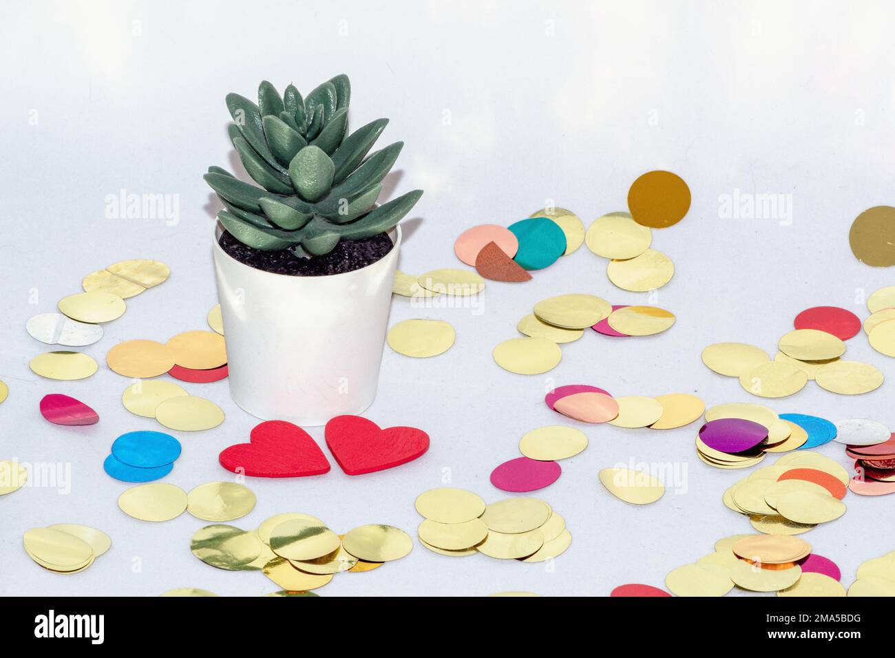 Petit pot blanc avec un cactus en lui sur un fond blanc avec des confetti de couleur tout autour brillant. Banque D'Images