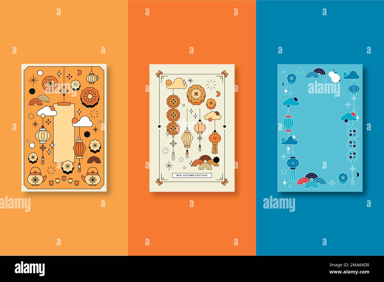 Ensemble de vecteurs d'arrière-plan du festival de la mi-automne chinois orange et bleu Illustration de Vecteur