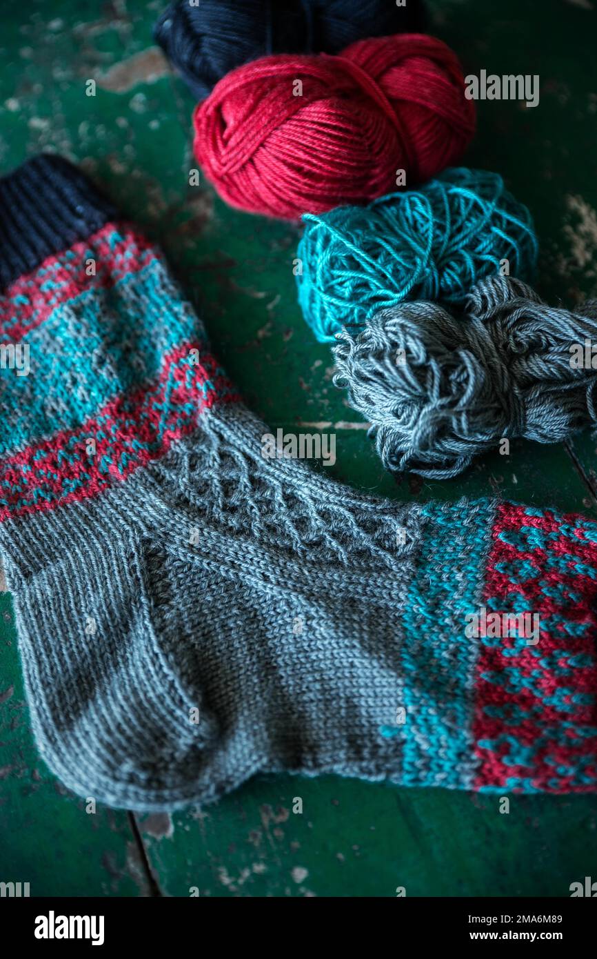 Tricotage, aiguille à tricotage, laine, balle en laine, motif à tricotage Banque D'Images