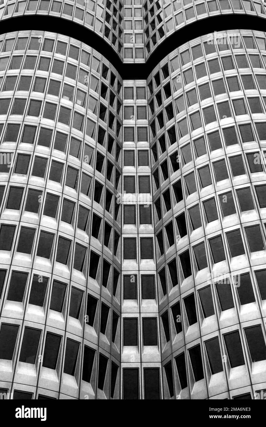 BMW Tower, gros plan, noir et blanc, Munich, Bavière, Allemagne Banque D'Images