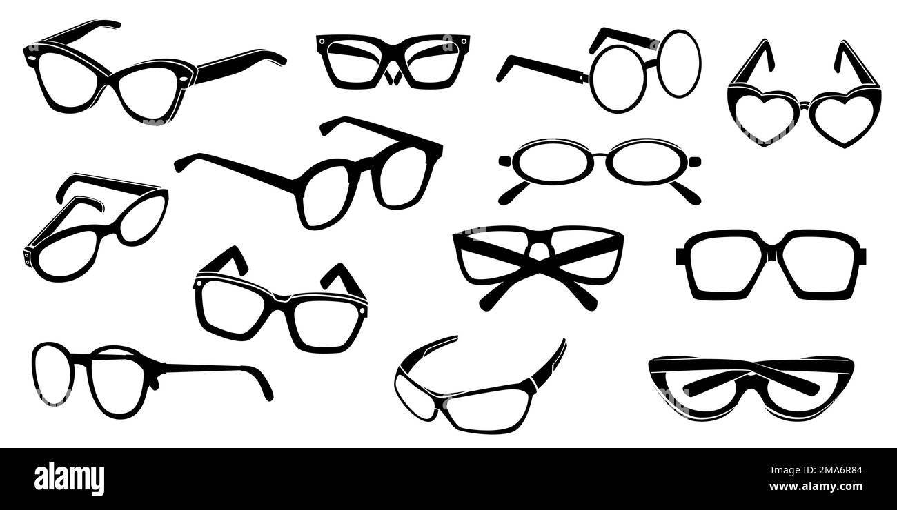 Silhouette de lunettes de soleil. Lunettes noires icônes différentes formes, lunettes de mode classique rétro hipster geek style, concept de protection solaire. Ensemble de vecteurs Illustration de Vecteur