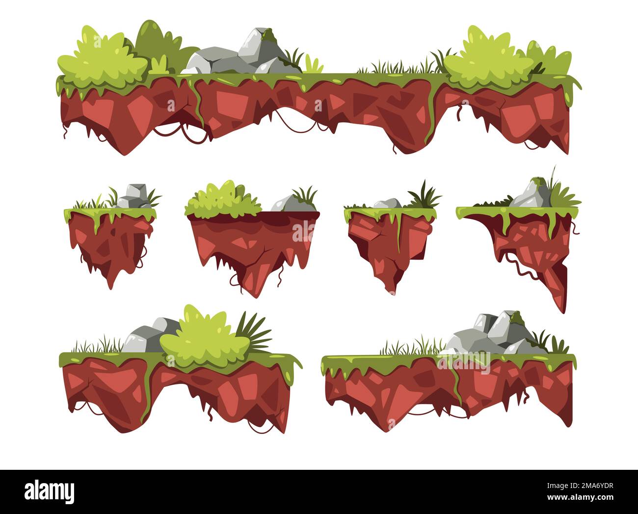 Terrain de jeu. Plates-formes de dessin animé avec buissons d'herbe verte accrochés dans l'air, morceaux flottants de paysage de fantaisie pour le jeu actif. Ensemble de vecteurs Illustration de Vecteur